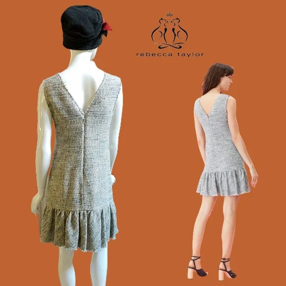 REBECCA TAYLOR NEW Preppy Tweed Ruffle Panel Sleeveless Shift Dress 6